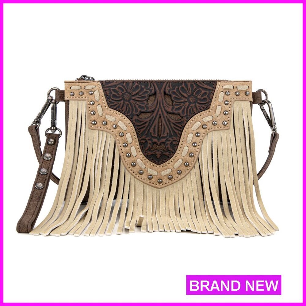 Floral Tooled Leather Crossbody Bag Minimalist Wristlet Clutch Western Style